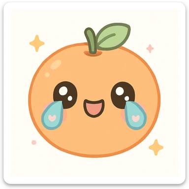tangerine fruit with a laughing-crying expression, kawaii style, heart-shaped tears, cute mouth sticker