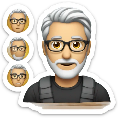 middle age man, blue photo, grey hair, short, black rectangle frame glasses, light beard sticker
