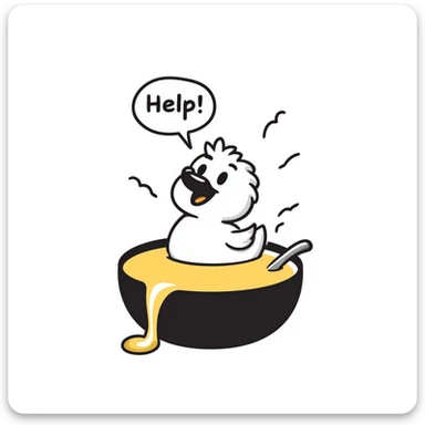 hand-drawn doodle of a duckling in honey, speech bubble 'help!' sticker