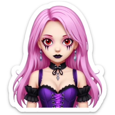 pretty scary girl, long straight LIGHT pink HAIR,SCARY RED eyes, black eyeliner, pale skin, purple corset clothes with laces sticker