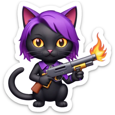 black cat with purple hair and fire gun sticker