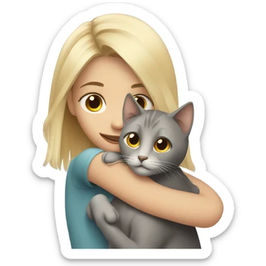 blonde girl hugs grey cat with brown eyes  sticker