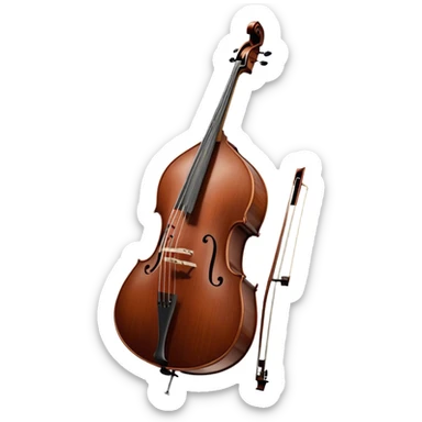 Create an elegant and detailed emoji representing a Gliga Gama double bass with bow. The design should showcase the large, sleek body of the double bass with its rich wood finish, including the characteristic curves and deep tone holes. The bow should be elegantly positioned next to the instrument, highlighting the hair and smooth wooden stick. Use warm wood tones like chestnut brown for the body of the bass, silver accents for the fittings, and dark brown for the bow. Add subtle musical notes or sound waves flowing from the bass to represent its deep, resonant sound. The background should be transparent. sticker