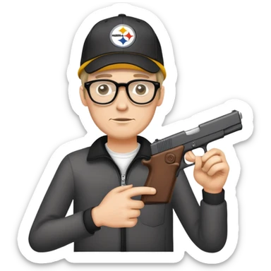 Skinny white man wearing glasses and a Steelers hat holding a Glock sticker