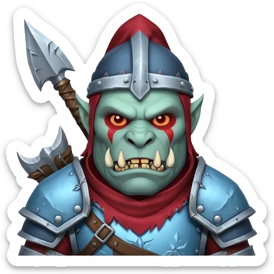 
Fantasy Christmas orc legion soldier icon, iron tundra army theme, heavy winter armor, disciplined brutal look, icy blue steel armor with deep crimson accents, frozen metal texture, cold winter atmosphere, male variant sticker