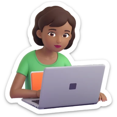 memoji of a short-haired girl with dark complexion, white ethnicity, working on a laptop, simple and clear composition sticker