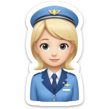 Cute emoji-style Japanese flight attendant, blonde hair, pastel blue airline uniform, kawaii cartoon style, big eyes, simple clean lineart, pastel colors, chibi proportions, friendly smile, sticker/emoji, transparent background sticker
