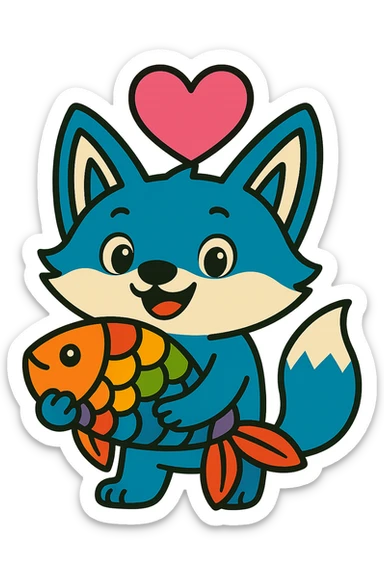 Make the heart above the blue fox and rainbow fish much bigger and pink, keep the vibrant toon style, with no background. sticker