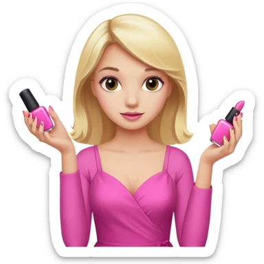 A blonde girl in pink holds nail polishes in her hand sticker