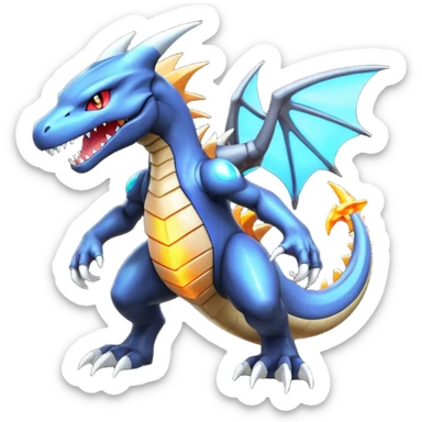 Shiny futuristic Cyber-Garchomp-Charizard-Marowak-Fakémon-hybrid-creature (full body)  sticker
