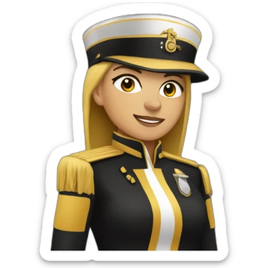 female baratone player in a marching band with a black and gold band uniform sticker