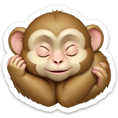 Meme-Worthy cute Sleeping Macaque Portrait Emoji, Head resting peacefully with a contented smile, showcasing soft, downy fur and eyes gently closed in serene slumber, Simplified yet comically adorable features, highly detailed, glowing with a soft, drowsy glow, high shine, relaxed and utterly lovable, stylized with an air of playful laziness, bright and heartwarming, soft glowing outline, capturing the essence of a sleeping macaque that feels destined to become the next viral icon of adorable rest! sticker