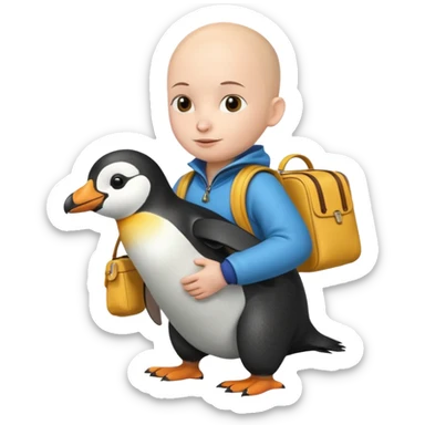 Una persona, vestida con ropa característica de peru sin pelo montado a espaldas de un pingüino con una bolsa de la empresa de reparto glovo en la espalda sticker