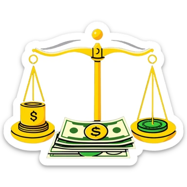 gold scale with cash on one side and beauty products on the other sticker