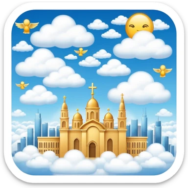 heaven with golden city skylines, angels soaring above, and fluffy clouds, emoji style sticker