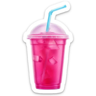 Realistic plastic cup and lid with Transluscent hot pink soda and large ice cubes inside and one straw through the top of the lid. sticker