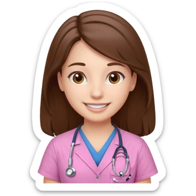 doctor, pink, she, hair brown, eyes brown, scrub baby pink, white skin, long hair, smile  sticker