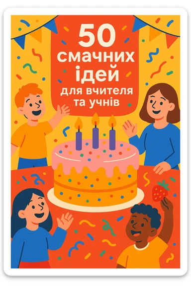 Обкладинка посібника з текстом українською мовою: «50 смачних ідей для вчителя та учнів». Мультяшний стиль, центральна ілюстрація великого торта, навколо якого діти та вчитель, святковий дизайн, сучасна типографіка. sticker