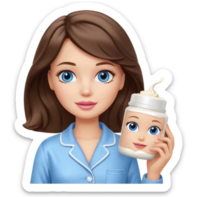 Barbie girl with makeup, blue eyes , and bob long haircut wavy, short brown hair in creamy color pajamas, face cream in hand sticker