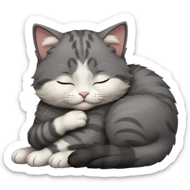 dark grey and white small cat with closed eyes, leaning his head on his paw while leaning on his elbow lying down sticker