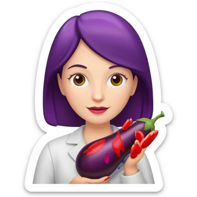 White woman holding an aubergine sticker