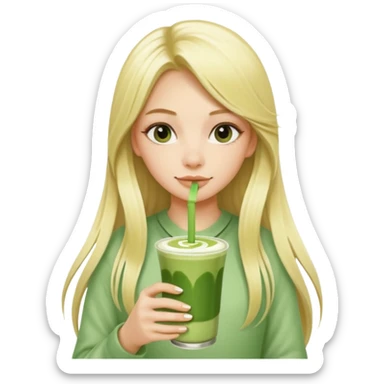 blonde luxury long hair girl with 1 drink of matcha latte and a lot of straws sticker