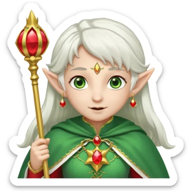 an elf with very white hair and two long PONYTAILS/pigtails on the side of her head, she has a curtain bang, green eyes, she has a white cape with golden borders and a scepter with a red orb, she has earrings that look like red drops sticker