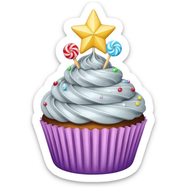 cupcake with silver frosting and a star-shaped candy sticker