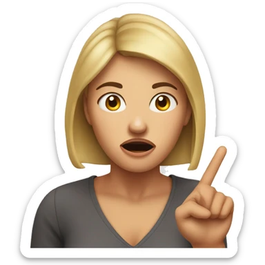 Woman who is quited shocked and pointig finger to her head sticker