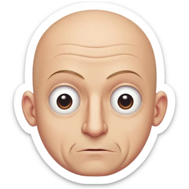 Steven Miller, bald, extremely pronounced grimace, very narrow rectangular head, bottom lip sticking out, eyelids nearly shut and drooping on the outer sides sticker