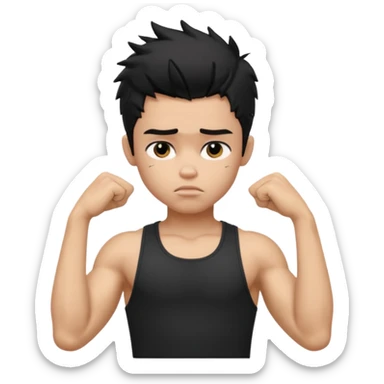 a PRETTY BRATZ boy with black messy hair, one hand on head. looking sad. lean biceps sticker