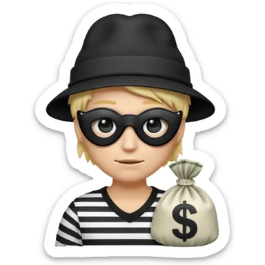 Realistic ios emoji-style portrait of a classic burglar, a black eye mask and a black-and-white striped shirt. emoji-like hair, black hat, a bag of money 💰 with a dollar sign in a right corner, mean expression  sticker