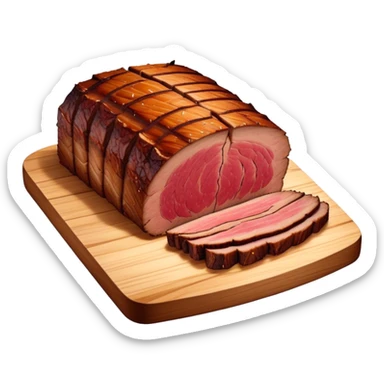 Cinematic smoked brisket, deep mahogany crust, perfectly sliced to reveal juicy marbled meat, warm smoky aroma, served on a wooden board, rich and flavorful, ultra-detailed and appetizing. sticker