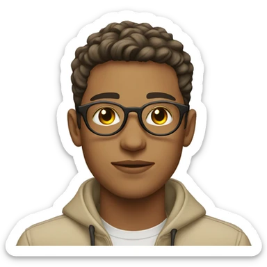 20 year old young man in beige jacket with circular lenses sticker