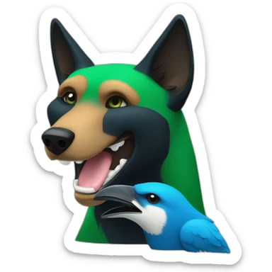 Anthropomorphic black and green dingo kissing a blue anthropomorphic bird sticker