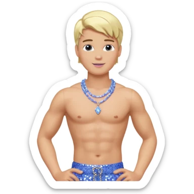 Ken from Barbie with blonde hair, perwinkle sequin baggy pants, shirtless with necklace  sticker