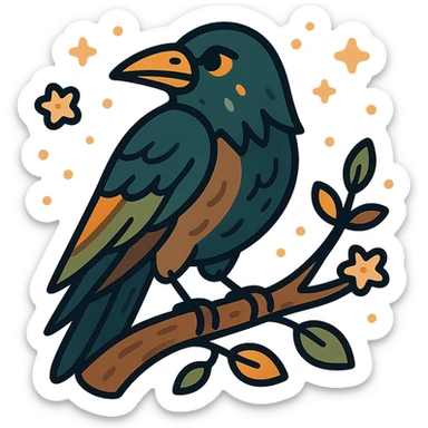 A mysterious crow perched on a branch, surrounded by a soft, magical atmosphere. The crow’s feathers are deep, dark hues with hints of golden orange (FA9B41), forest green (4A7C5C), muted taupe brown (96775A), and pastel peach (FFCC9A) subtly blending into its plumage. The branch is weathered and textured, with small leaves in green and peach tones, and delicate flowers or tiny sparks floating around. The lighting is soft and ambient, casting a warm, mystical glow over the scene, creating a quiet yet enchanting atmosphere. The crow’s sharp eyes and poised posture add to the mysterious, slightly gothic vibe of the moment. sticker