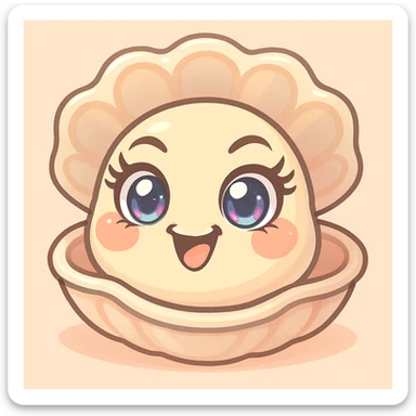Create a version with even more expressive and luminous eyes, pretty eyelashes, and enhanced pastel, pearly, cream, peach, and greige shades, while keeping the large shell, small oyster, pastel toon style, background, and mischievous expression as in the reference image. sticker