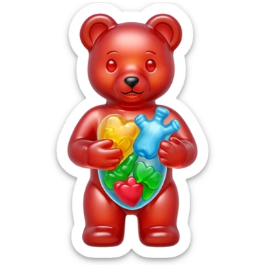 Multicolored gummy bear holding gummy human anatomically correct heart sticker
