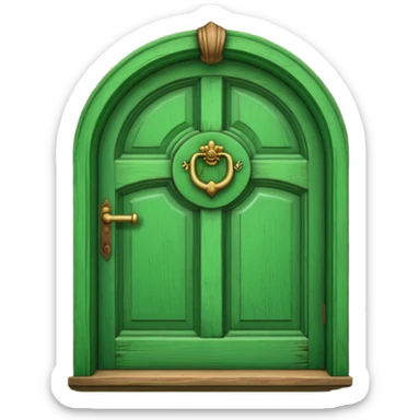 A wooden green door emoji in the style of Apple emoji with a window and a knocker and a different color sticker