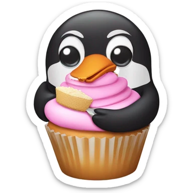 Pink pinguin eating a cupcake sticker