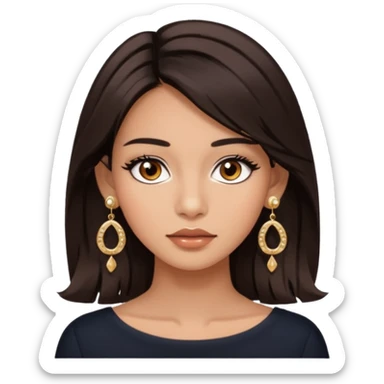girl with brown asian eyes, long eyelashes, layerd mid length hair dark brown, tanned skin with Chanel earrings  sticker