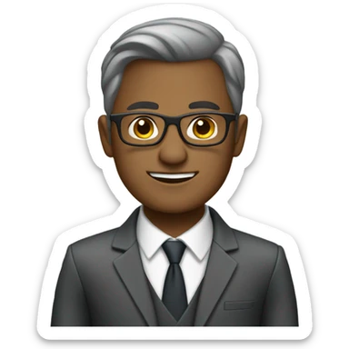 mid-age brand manager in dark gray suit with glasses sticker