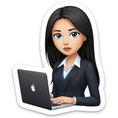Model glamours tanned beautiful girl with pump nude lips and black straight long hair, straight hair parting, blue eyes with MacBook and black, black suit vest, V-neck - only one person sticker