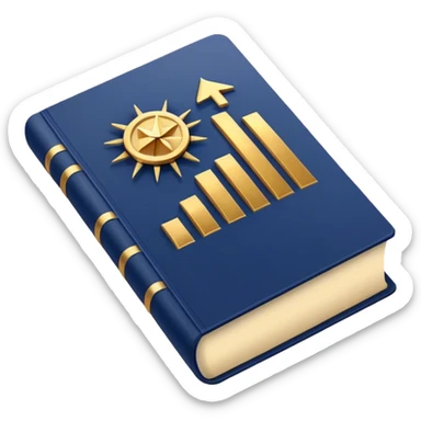 A navy blue productivity book with gold details, chart with upward trend aura, radiating productivity, strategy, and success in motion- sticker