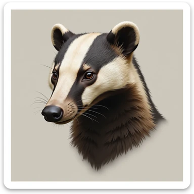 realistic badger head with a sleek headset, neutral background, semi-realistic style sticker