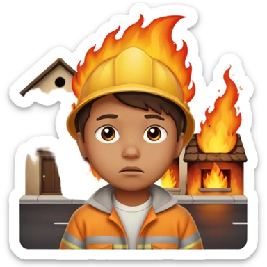 small child with sad expression and a street on fire in the background sticker