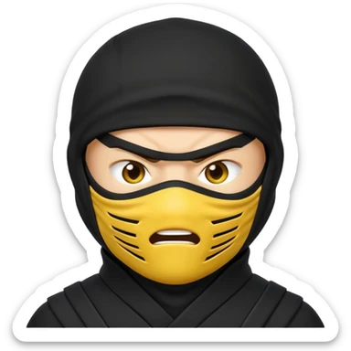 angry ninja face emoji, classic yellow emoji face, mouth fully covered by black ninja uniform, only eyes visible sticker