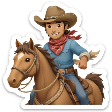 clash-of-clans-aesthetic_-cinematic-playful-cowboy-portrait-emoji, head-tilted with a roguish, cheeky grin and twinkling eyes, featuring a rugged, spirited build with a wide-brimmed cowboy hat and a weathered bandana on tan skin, riding a powerful galloping horse with dynamic flowing mane, reins gripped firmly in one hand and a lasso in the other, as dust swirls behind them in a vast desert landscape. sticker