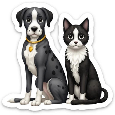 Black and white great dane dog sitting with a black and white cat sticker